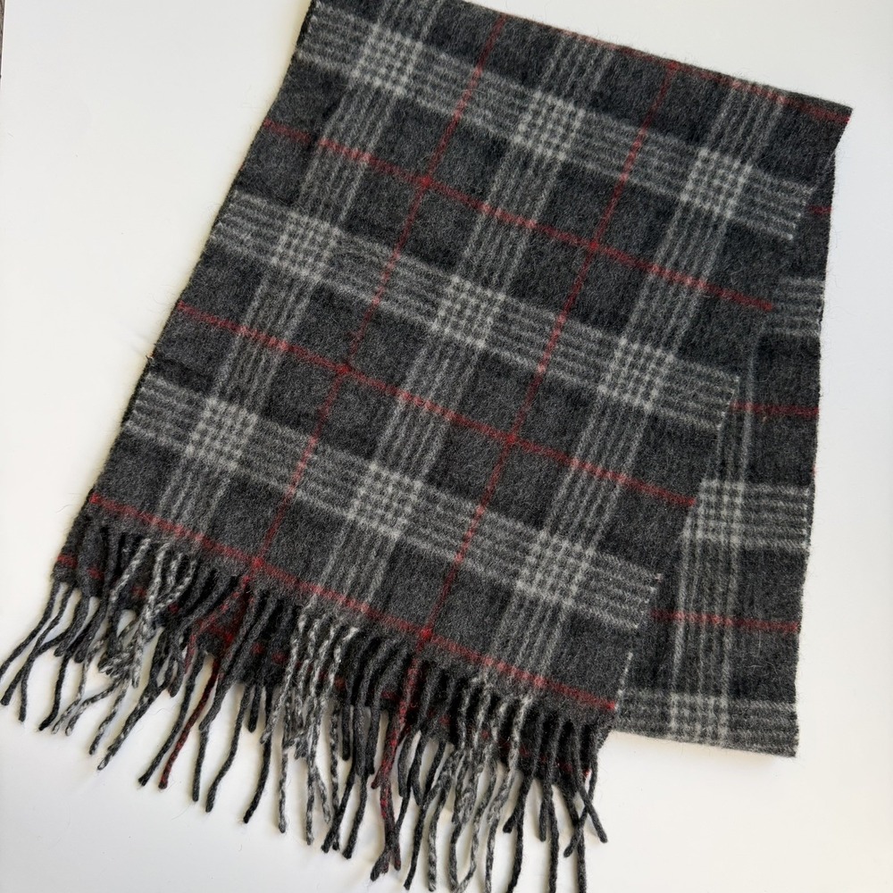 Stewart of Scotland Scarf 100% Cashmere Gray Plaid 12 x 62" Classic Luxury